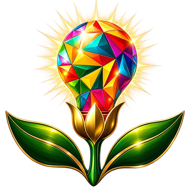 Abundant PR blooming lightbulb emblem: a prismatic lightbulb rising from a golden blossom and green leaves